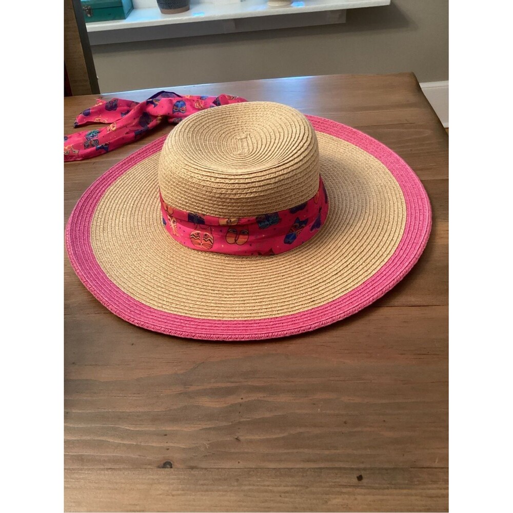 LAUREL BURCH VINTAGE WIDE BRIMMED STRAW HAT STYLIZED CAT FACE HAT BAND TAN PINK